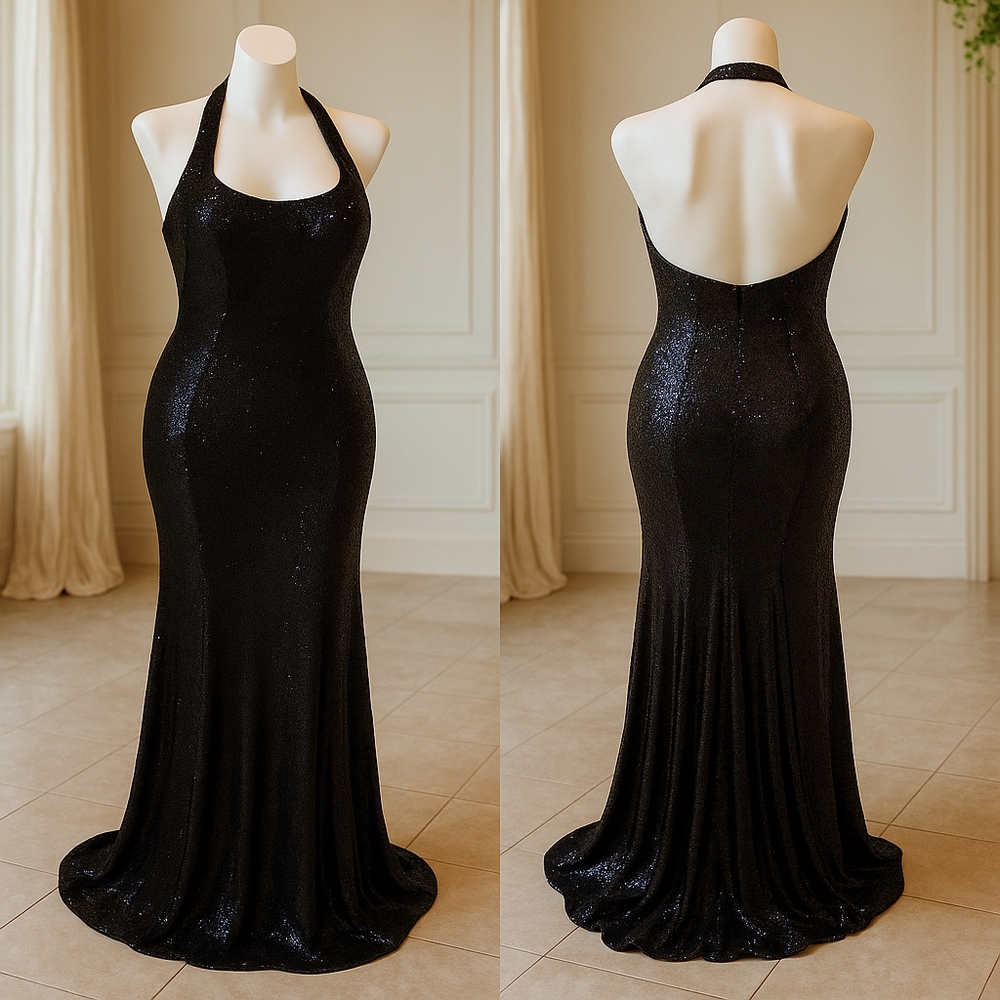 Ellie Wilde Mon Cheri Size 14 Black And Dark Blue Sequin Mermaid Gown NWOT